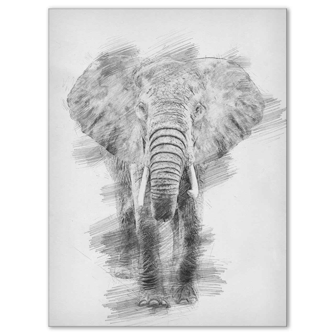 Designart - Black and White Elephant Pencil ketch - Animals Painting Print on Wrapped Canvas